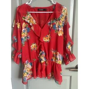 Lauren Ralph Lauren Peplum Top Black Label size XL tropical red floral vneck